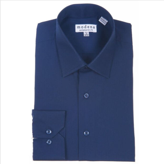 A navy blue dress shirt with a button-up front, French Cuff